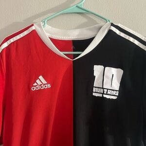 adidas Red and Black Split Short Sleeve Soccer Jersey with White Accents
